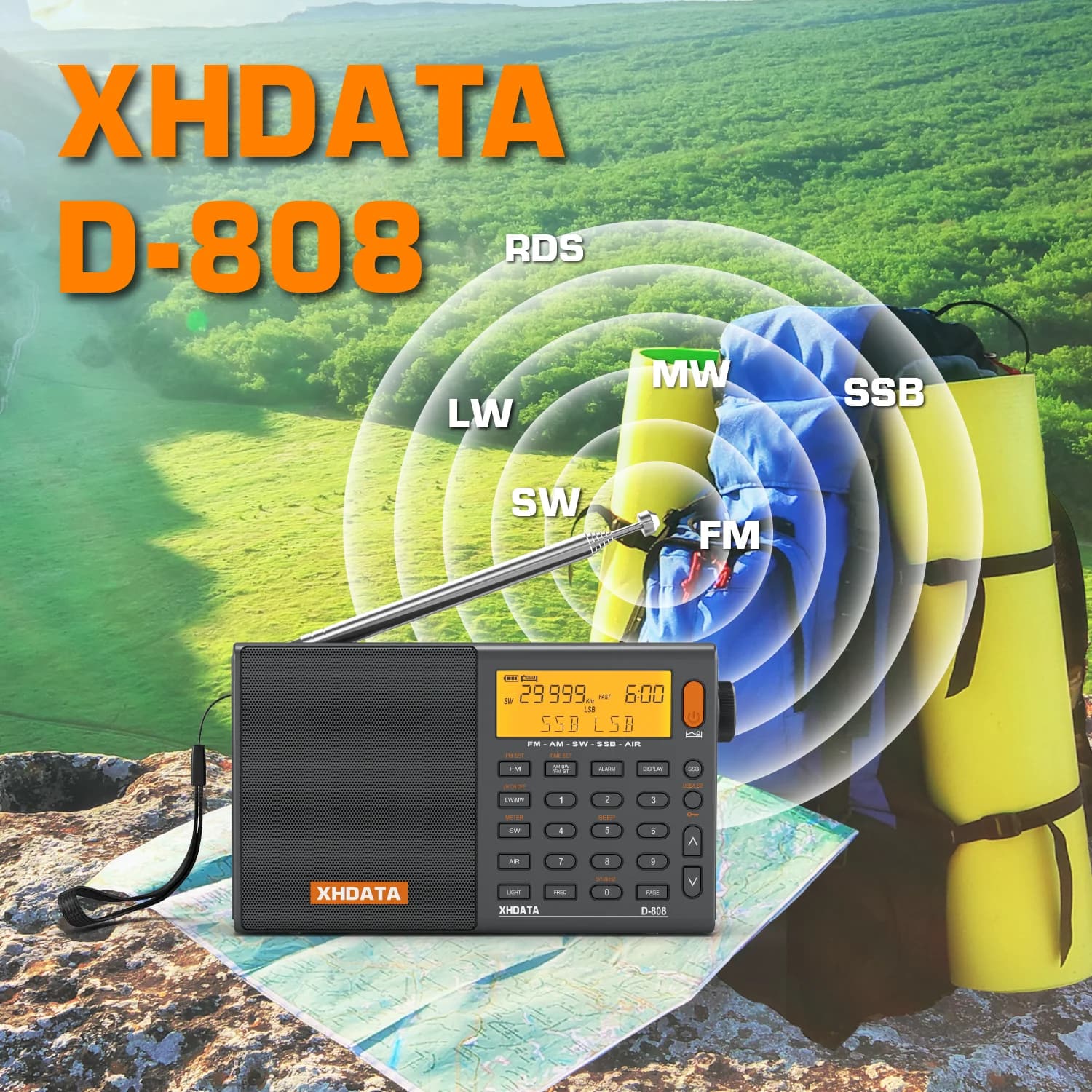 XHDATA D-808 Portable Radio AM/FM/SW/MW/LW SSB AIR RDS Radio Speaker with LCD Display Alarm Clock Stereo Radio D808, image 1 of 6