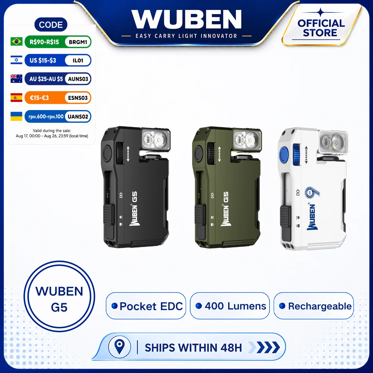 WUBEN G5 Rechargeable EDC Flashlight, 400 Lumens Dual Light Sources Mini Flashlight with RGB Light, Portable Pocket Flashlights, image 1 of 6