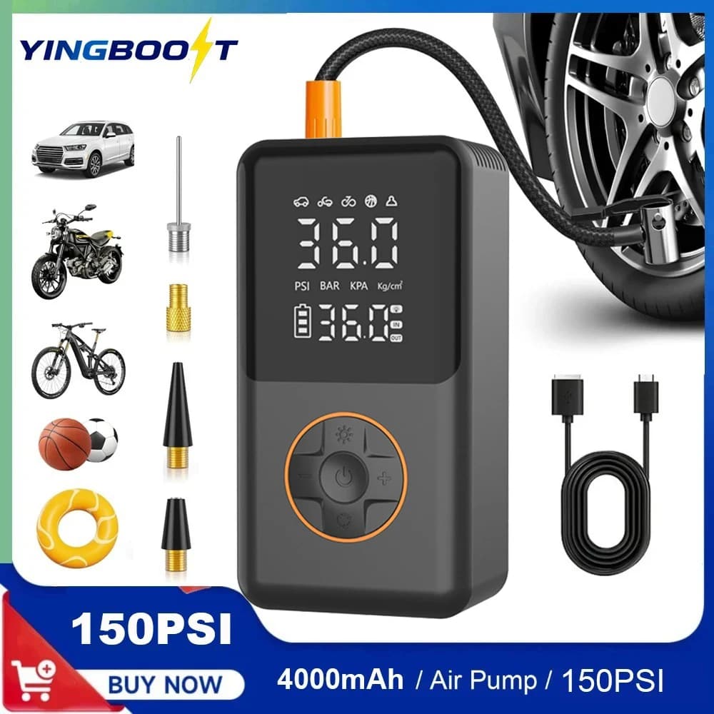 YINGBOOST Mini Bike Tire Pump 150 PSI Tire Inflator Air Compressor Cordless , Air Pump for Car with Pressure Gauge, LED Light