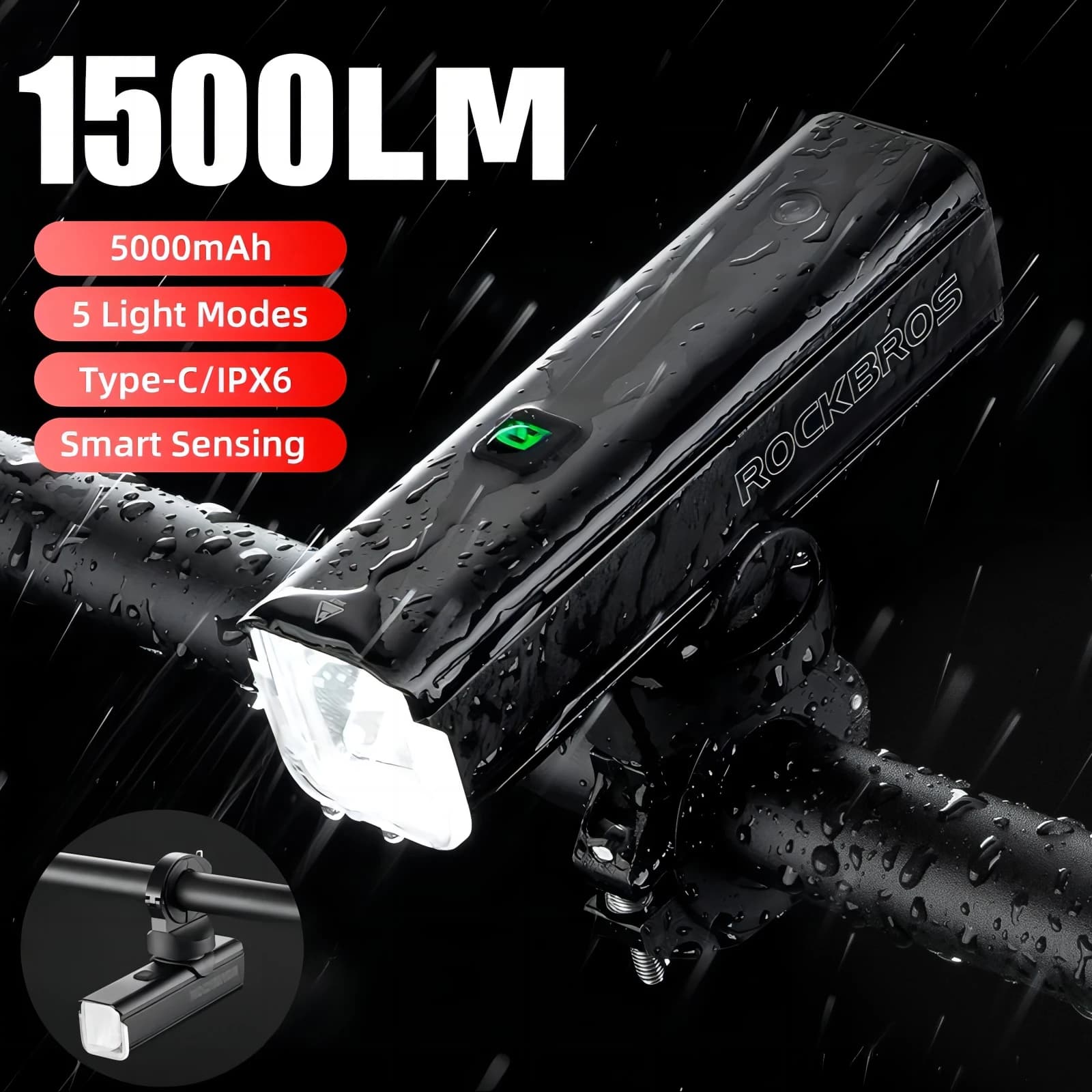 ROCKBROS Bike Light 1500LM5000mAh Type-C Bicycle Light Temperature Control IPX6 Aluminum LED Light Front Lamp Cycling Headlight, image 1 of 6