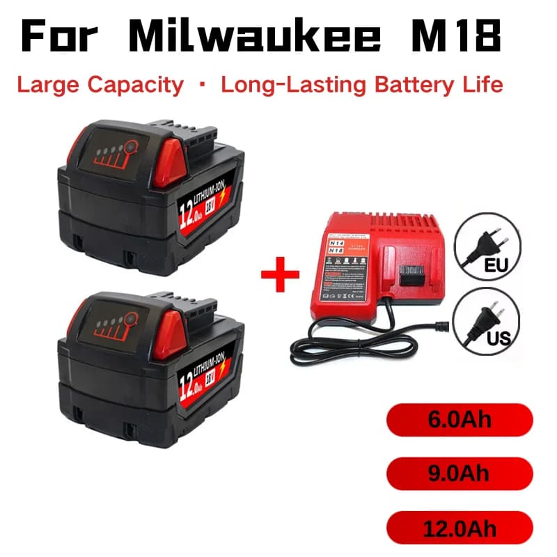 For Milwaukee M18 Power Tool Battery, Charger, BR, XC, 18V, 6000mAh M18B5, 48-11-1860, Built-in 18650 Battery12.0Ah, image 1 of 6