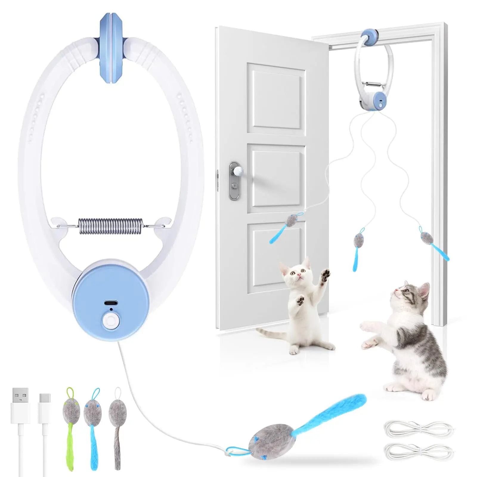 Interactive Cat Toys for Indoor Cats, Smart USB Rechargeable Door Hanging Retractable Cat Toy, with 3 Catnip Mice, for Bored Cat, image 1 of 6
