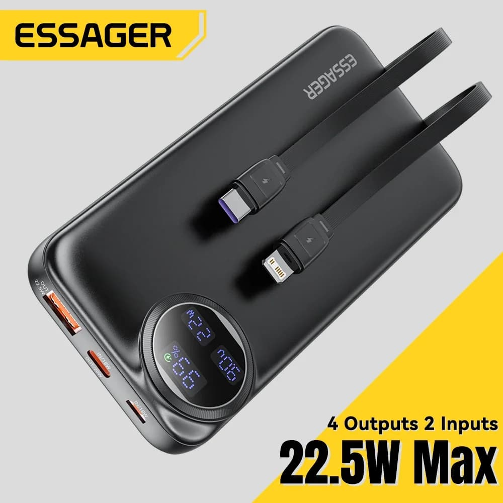 Essager Power Bank 20000mAh Portable Charger with Built-in Cable Digital Display Battery Capacity 22.5W For iPhone 15 14 13 Pro, image 1 of 6