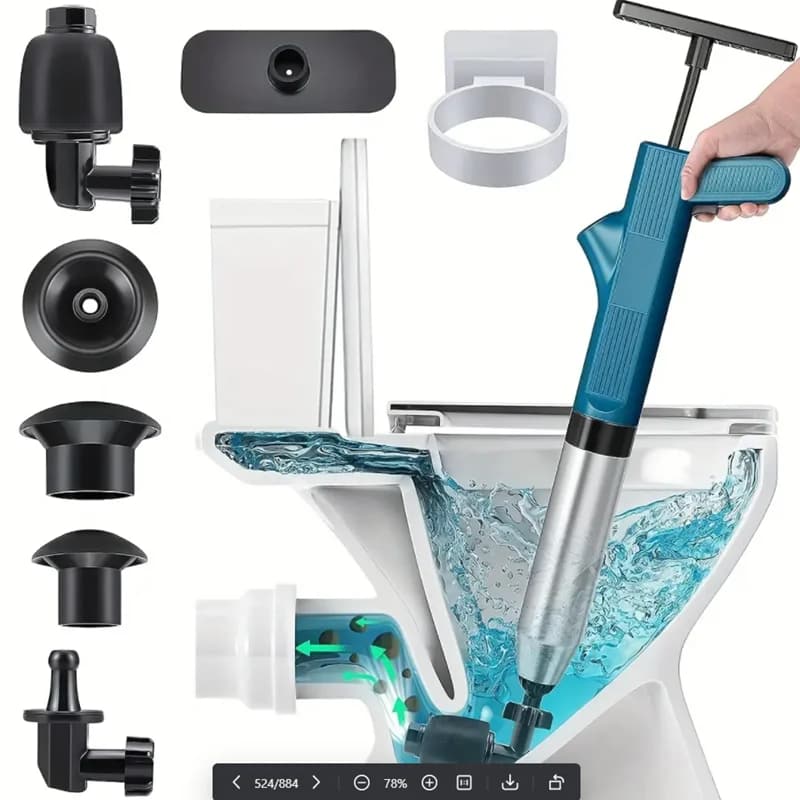 Powerful Toilet Plunger Stainless Steel Pipe Dredger Unblocker Pneumatic High-pressure Dredging Air Drain Blaster Tool Set, image 1 of 6