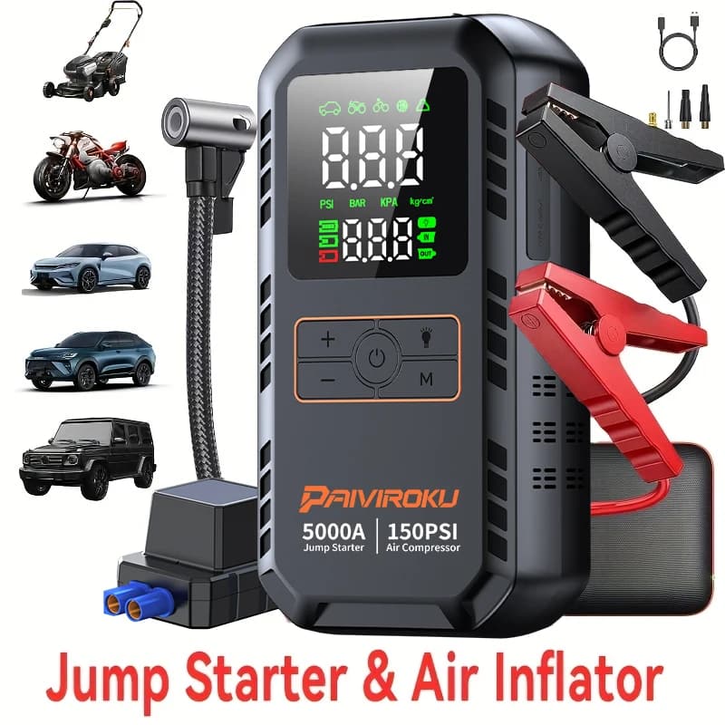 PAIVIROKU 5000A Car Jump Starter with Air Compressor 150PSI Air Pump Auto Battery Booster Portable Power Bank Tire Inflator, image 1 of 6
