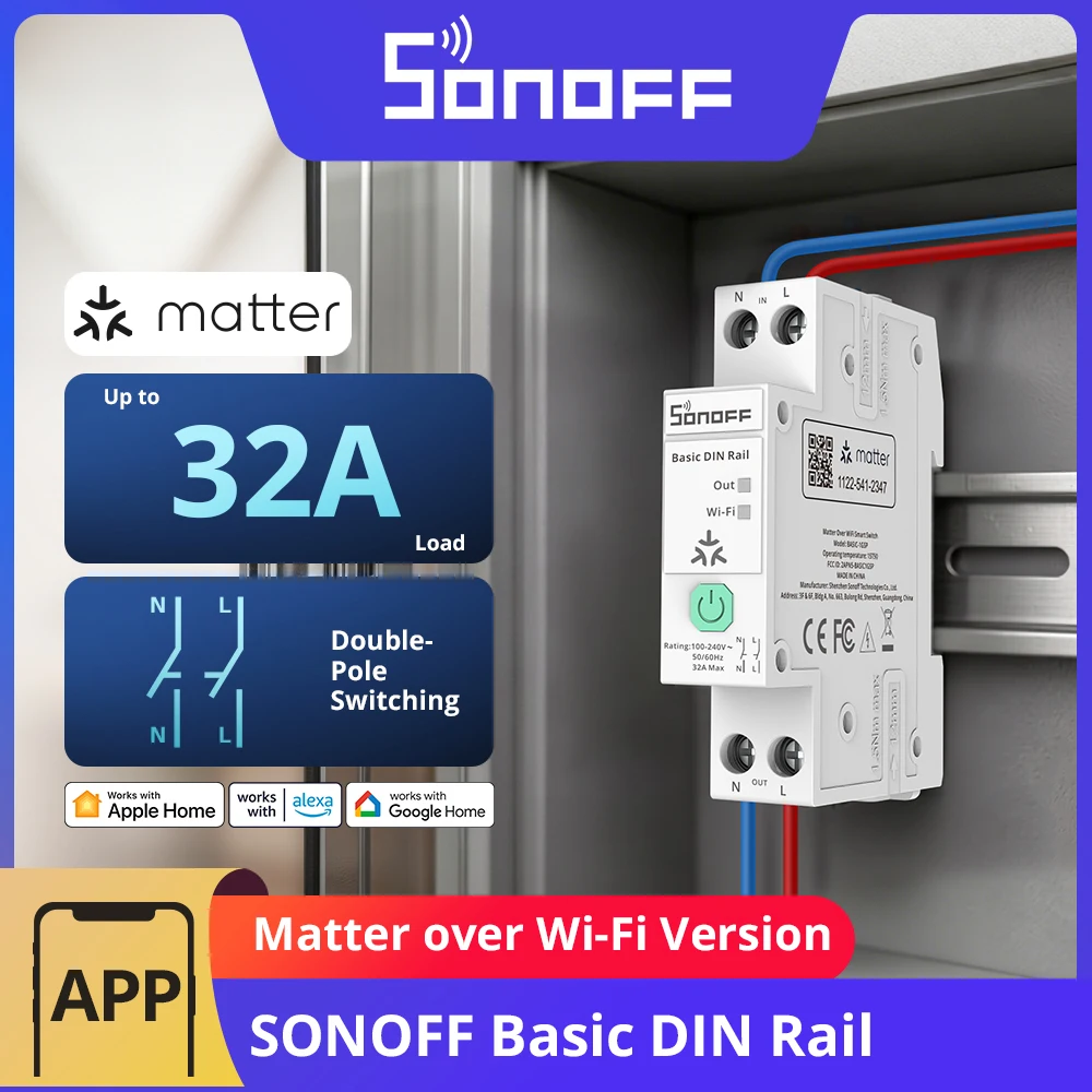 SONOFF BASIC-1GSP Basic Single-Channel DIN Rail Switch Matter WiFi Energy Consumption Monitoring Overload Protection Up to 32A, image 1 of 6