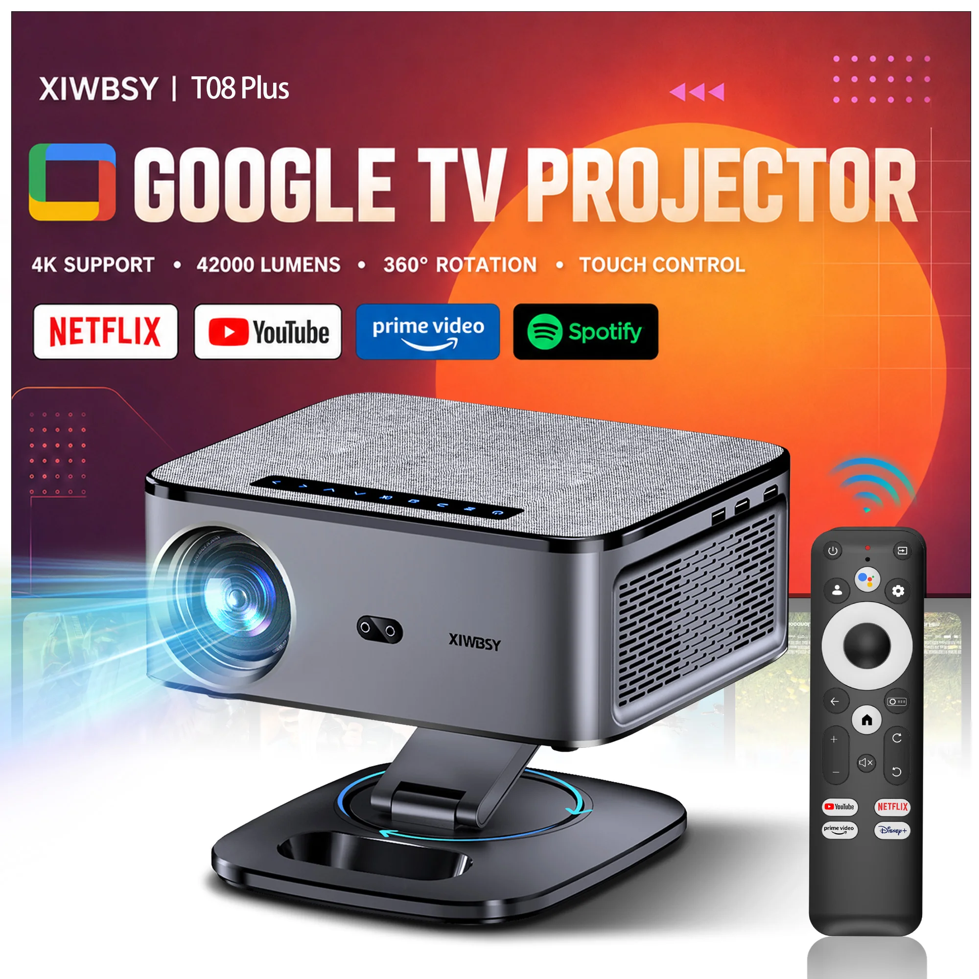XIWBSY 2026 Portable 4K UHD Projector 42000Lumens Movie Google TV Projector BT5.4 WiFi6 Android TV 14.0 Smart Home Projector, image 1 of 6