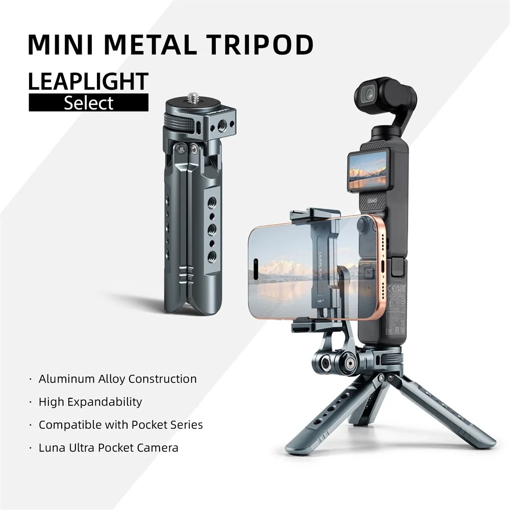 LEAPLIGHT Aluminum Mini Tripod for DJI Osmo Pocket 3/4/4P/360LunaUltra Camera Tripod Handheld Grip w 360° BallHead+Phone Stand, image 1 of 6