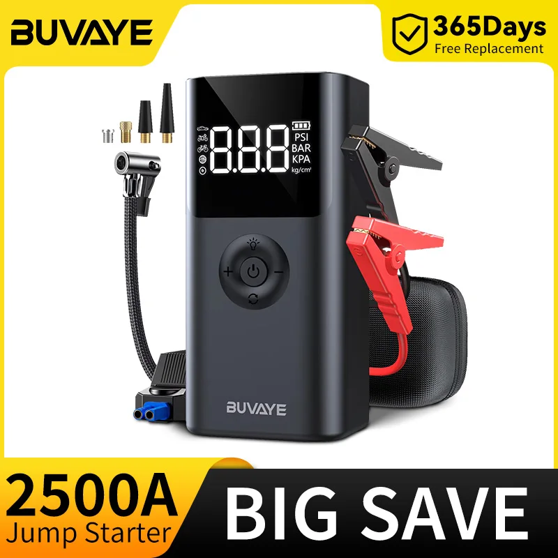 BUVAYE 4 In 1 2500A Portable Jump Starter Power Bank 150PSI Air Pump Booster Car Battery 12V Car Battery Starter Powerbank, image 1 of 6
