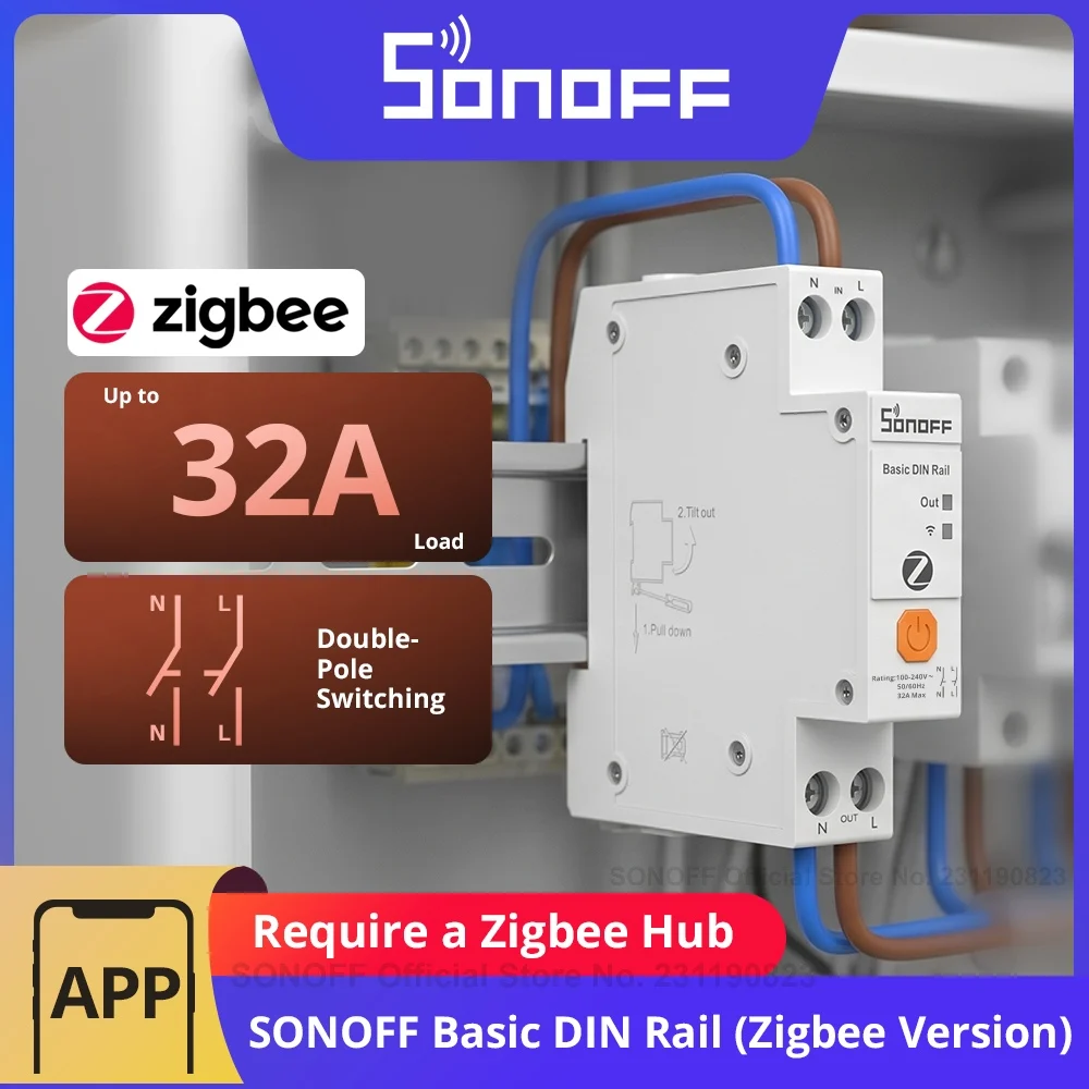 SONOFF BASIC-ZB1GSP Basic DIN Rail Zigbee Smart Switch 32A High-Power Double-Pole Switching Energy Tracking Overload Protection, image 1 of 6