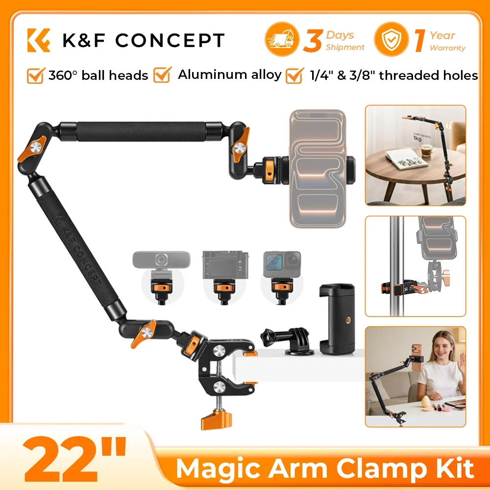 K&F CONCEPT Magic Arm Clamp Kit 22" Overhead Desk Camera Mount Long Articulating Friction Boom Arm for LED Light Action Camera, image 1 of 6