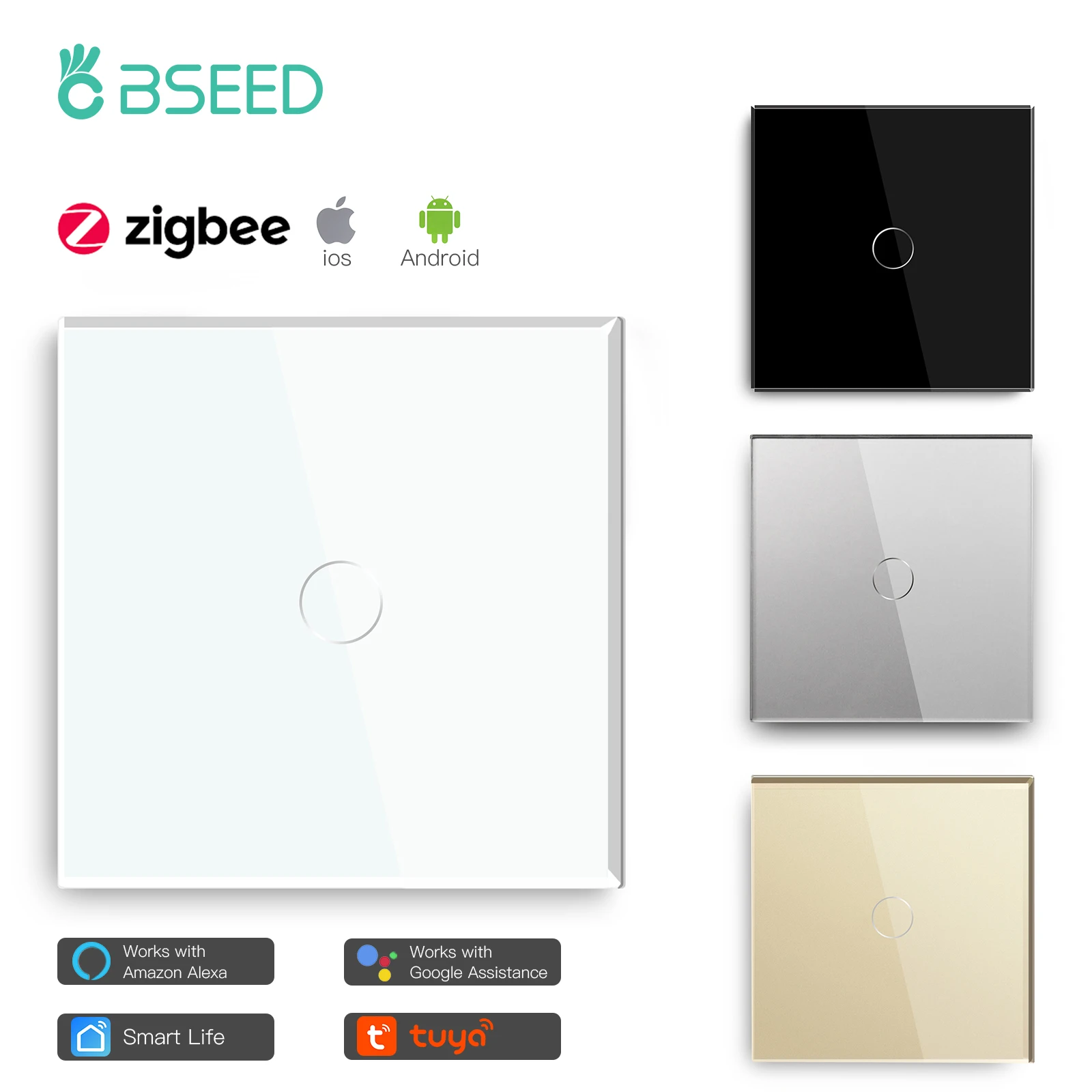 Bseed Zigbee 1/2/3Gang EU Standard Touch Light Switch Single Live Smart Wall Switch Smart Life Google Home Voice Control, image 1 of 6