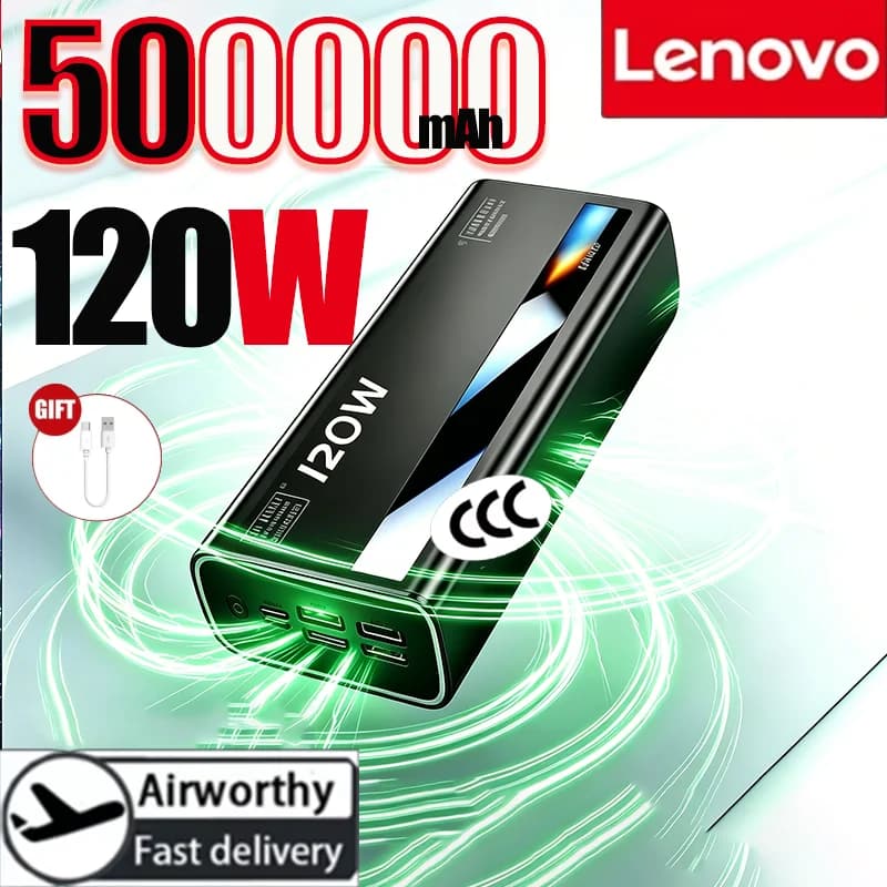 Lenovo New 500000mAh 120W Powerbank Fast Charging Large Capacity LEDPower Bank Portable Battery Charger Supply For Xiaomi Iphone, image 1 of 6