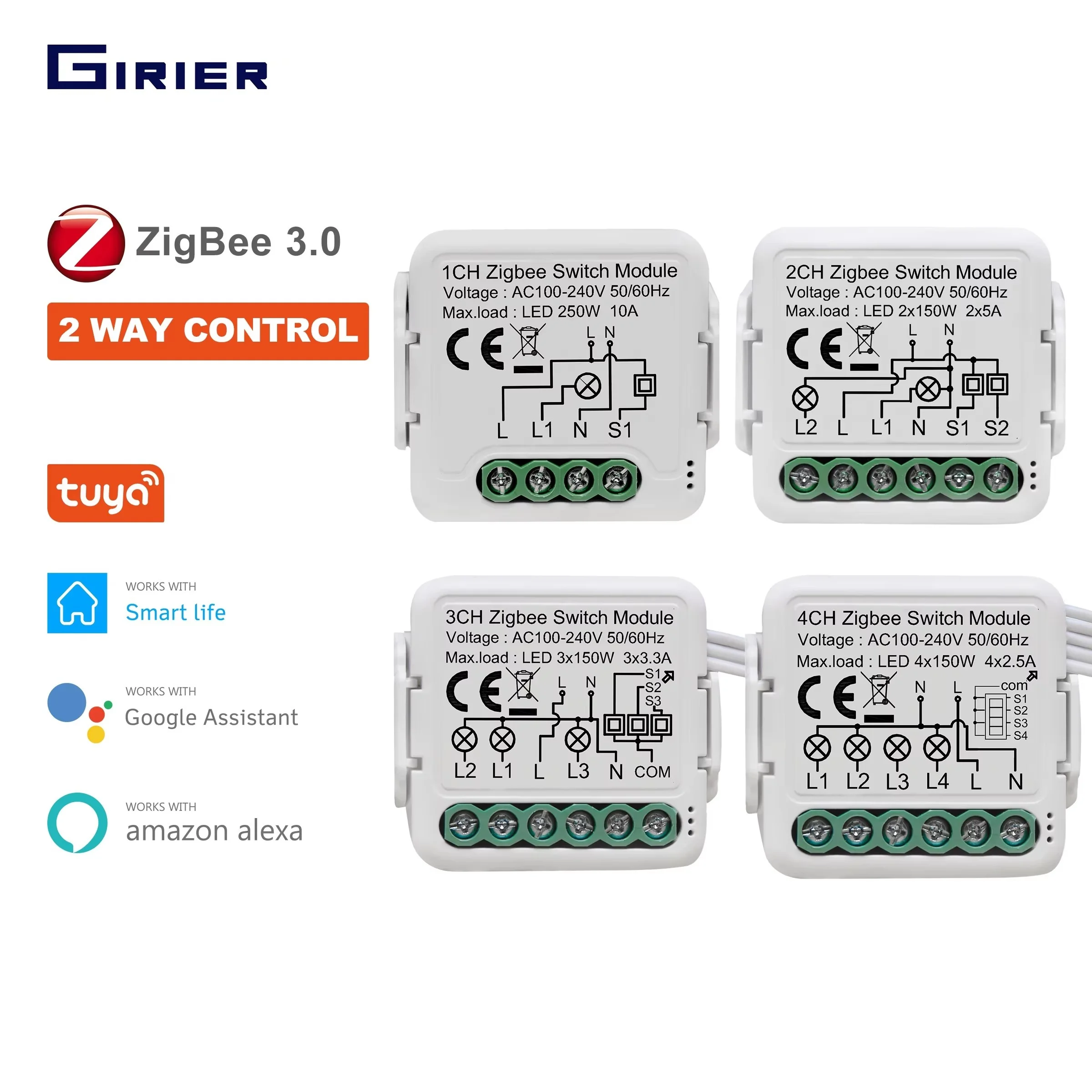 GIRIER Tuya ZigBee 3.0 Switch Module 10A Smart Home DIY Breaker 1 2 3 4 Gang Supports 2 Way Control Works with Alexa Google Home, image 1 of 6