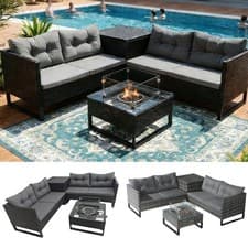 BIRCHTREE Rattan Furniture Set 4-Seater with Fire Pit Table & Side Storage Box