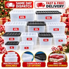Clear Plastic Storage Boxes With Clear & Black Lids Home Office Stackable Box UK