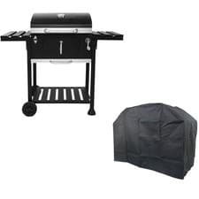 Charcoal Grill BBQ With Cover Trolley Wheels Two Arms Garden Smoker Shelf Side