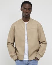 River Island Mens Bomber Jacket Beige Faux Leather Long Sleeves Outerwear Top