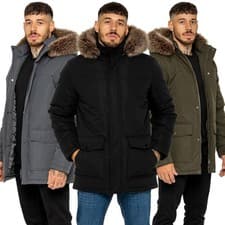 Kruze Mens Parka Jacket Padded Faux Fur Hood Quilted Lined Winter Coat All Sizes