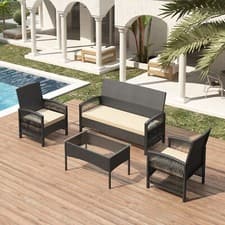 4Pcs Rattan Garden Furniture Sofa Set w/Armchairs, Loveseat Sofa and table-Sofia