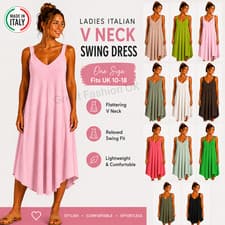 Ladies Italian V Neck Sleeveless Swing Dress Loose Fit Summer Holiday 10-18 NEW