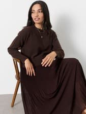 FatFace Womens Chocolate Brown Acrylic Maxi Round neck Long sleeved Dress