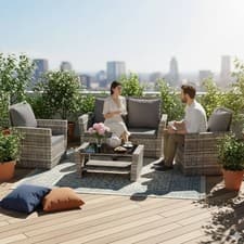 Rattan Furniture Set 4PCS Table Patio Garden Armchair Sofa Glass Coffee Grey