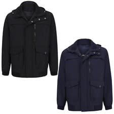 Mens Shower Proof Hooded Jacket Ribbed Collared Lined Winter Warm Zip Up Coat