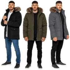 Mens Padded Parka Jacket Faux Fur Hood Quilted Lining Popper Zip Winter Coat