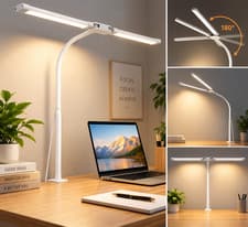 Woputne LED Desk Lamp Clamp Dual Head 5 Modes 10 Brightness USB Office Light