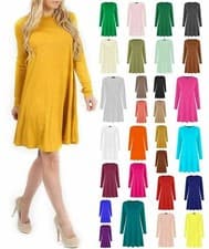 WOMENS LONG SLEEVE PLAIN SWING DRESS LADIES FLARED DRESSES UK SIZE 8-26