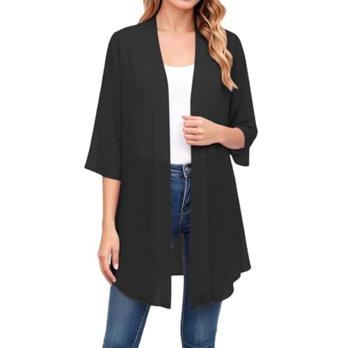 Womens Open-Front Chiffon Cardigan, 3/4 Sleeve Sheer Mid-Length Shirt, image 1 of 4