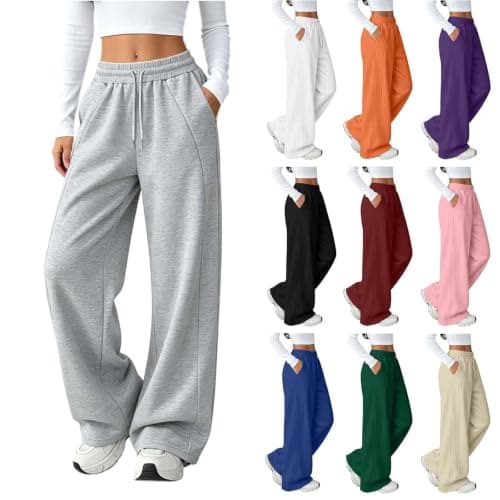 Womens Pants Straight Leg Joggers Tracksuit Bottoms with Pockets Drawstring Elastic Waist Wide Leg, image 1 of 7
