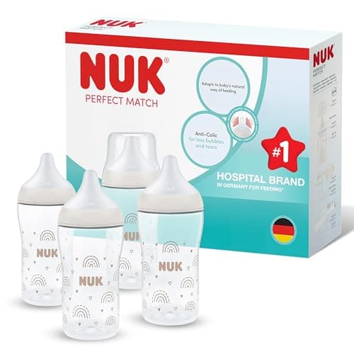 NUK Perfect Match Baby Bottle | 3+ Months | 260ml | Anti Colic Feeding Bottle | PP | Temperature Control Indicator | Rainbow | 4 Count, image 1 of 8