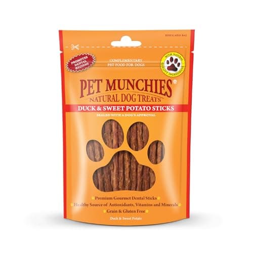 Pet Munchies Duck and Sweet Potato Dog Treats, Healthy Grain Free Dental Sticks with Natural Real Meat 90g (Pack of 8), image 1 of 7
