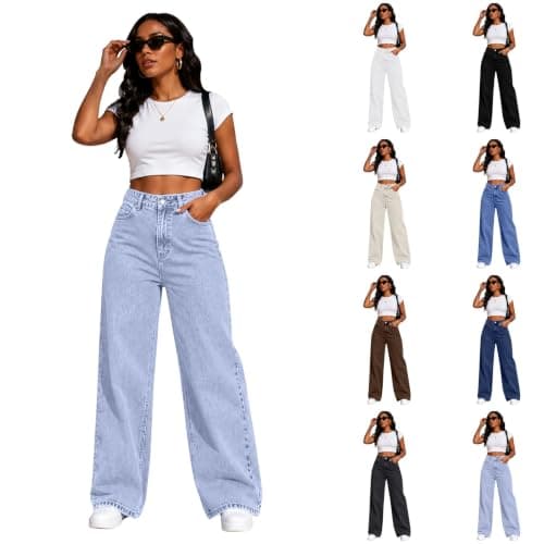 Wide Leg Jeans for Women UK, High-Waisted Baggy Stretch Denim Trousers