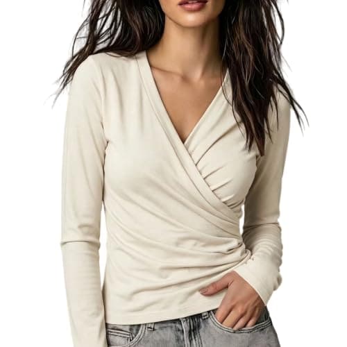Women's Wrap V-Neck Long Sleeve Top, Slim Fit Ruched Wrap Blouse, image 1 of 4