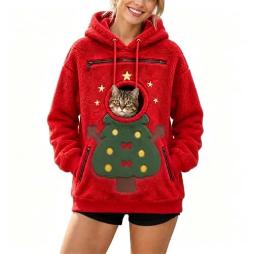 Women's Christmas Pet Pouch Hoodie, Double-Sided Fleece Sweatshirt, image 1 of 4