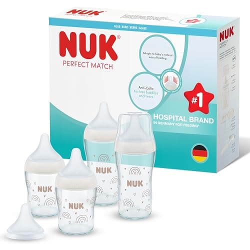 NUK Perfect Match Glass Baby Bottles Set | 0+ Months | 120ml & 230ml | Anti Colic Feeding Bottle | Temperature Control Indicator | Rainbow | 4 Count, image 1 of 8