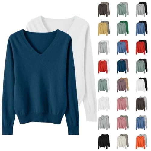 Jumpers for Women UK 2PC V Neck Long Sleeve Knitted Pullover Sweaters | Ladies Tops Lightweight Soft Comfortable Knitted T-shirt Solid Loose Sweater Fall Sweatshirts for Everyday Wear, image 1 of 3