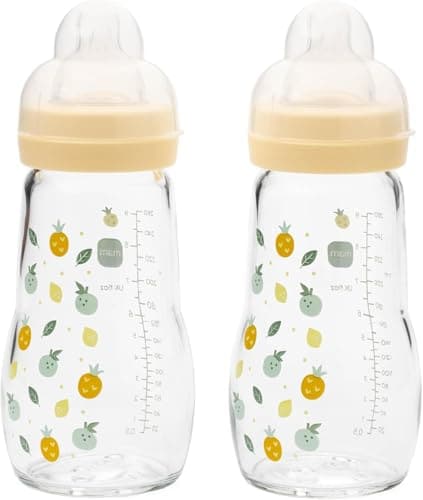 MAM Glass Bottle, 2X 260ml, with SkinSoft Silicone Teat, Yellow, image 1 of 7