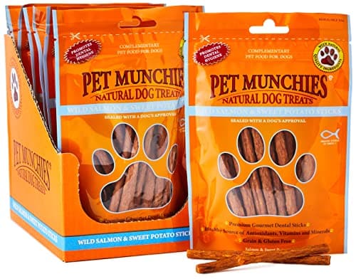Pet Munchies Wild Salmon and Sweet Potato Dog Treats, Healthy Grain Free Dental Sticks with Natural Real Meat 90g (Pack of 8), image 1 of 8