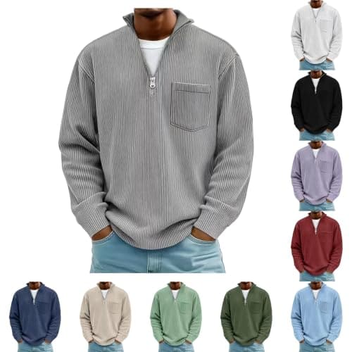 Mens Sweatshirts No Hood Corduroy Pullover Top Quarter Zip Jumper