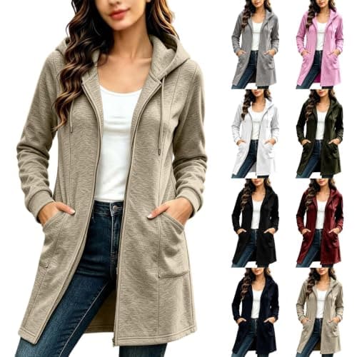 Women's Lightweight Long Hooded Jacket with Full Zip and Pockets