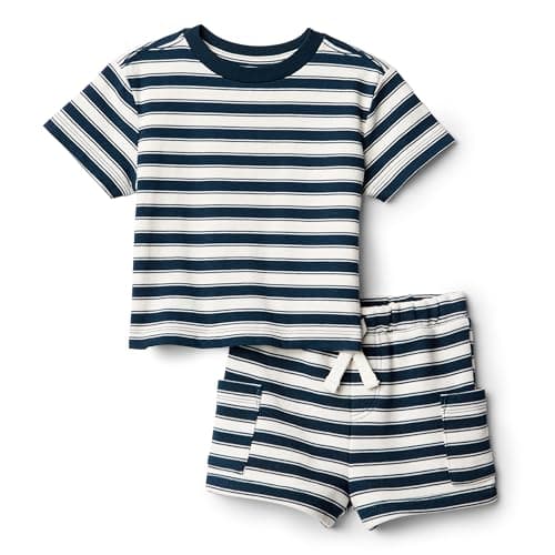Amazon Essentials x Sofia Grainge Baby Boys' T-Shirt and Short Play Set, Ivory Navy Stripes, 3 Years