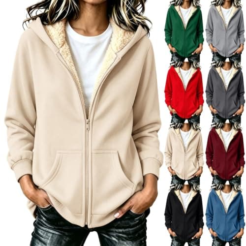 Ladies Teddy Fleece Hoodie Jacket, Warm Sherpa-Lined Coat