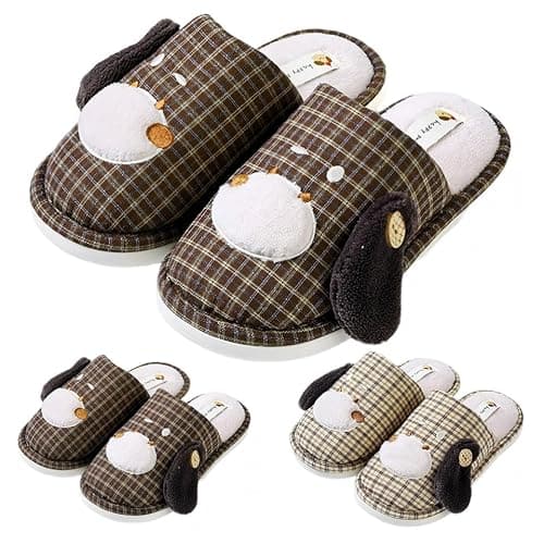 Kids Cartoon Dog Slippers, Checked Plush Home Sliders, image 1 of 7