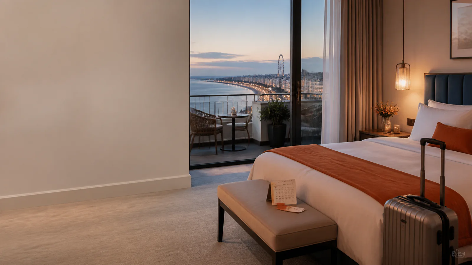 Contemporary hotel room prepared for a UK traveller