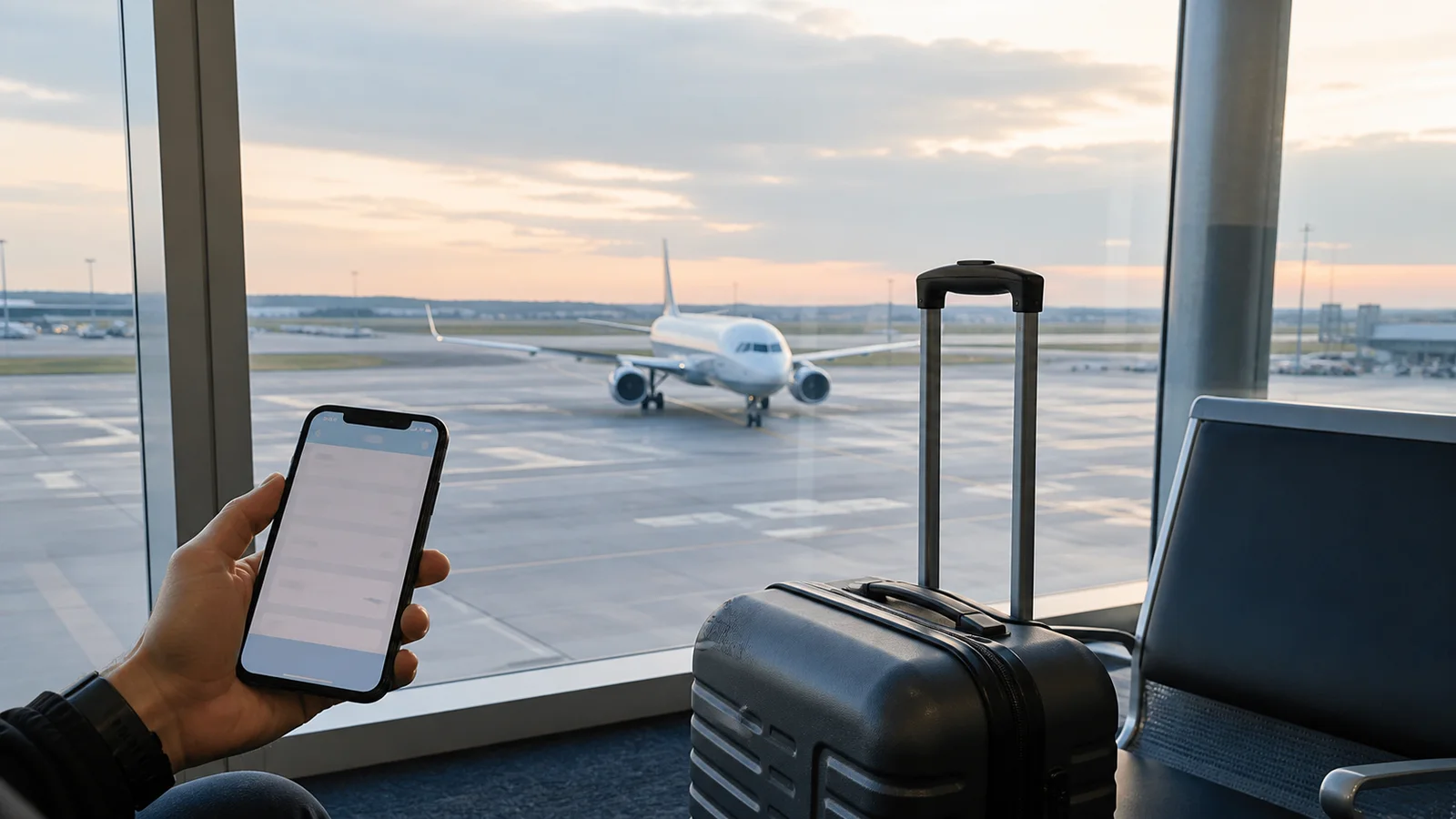 Passenger aircraft at a UK airport with cabin luggage ready for departure