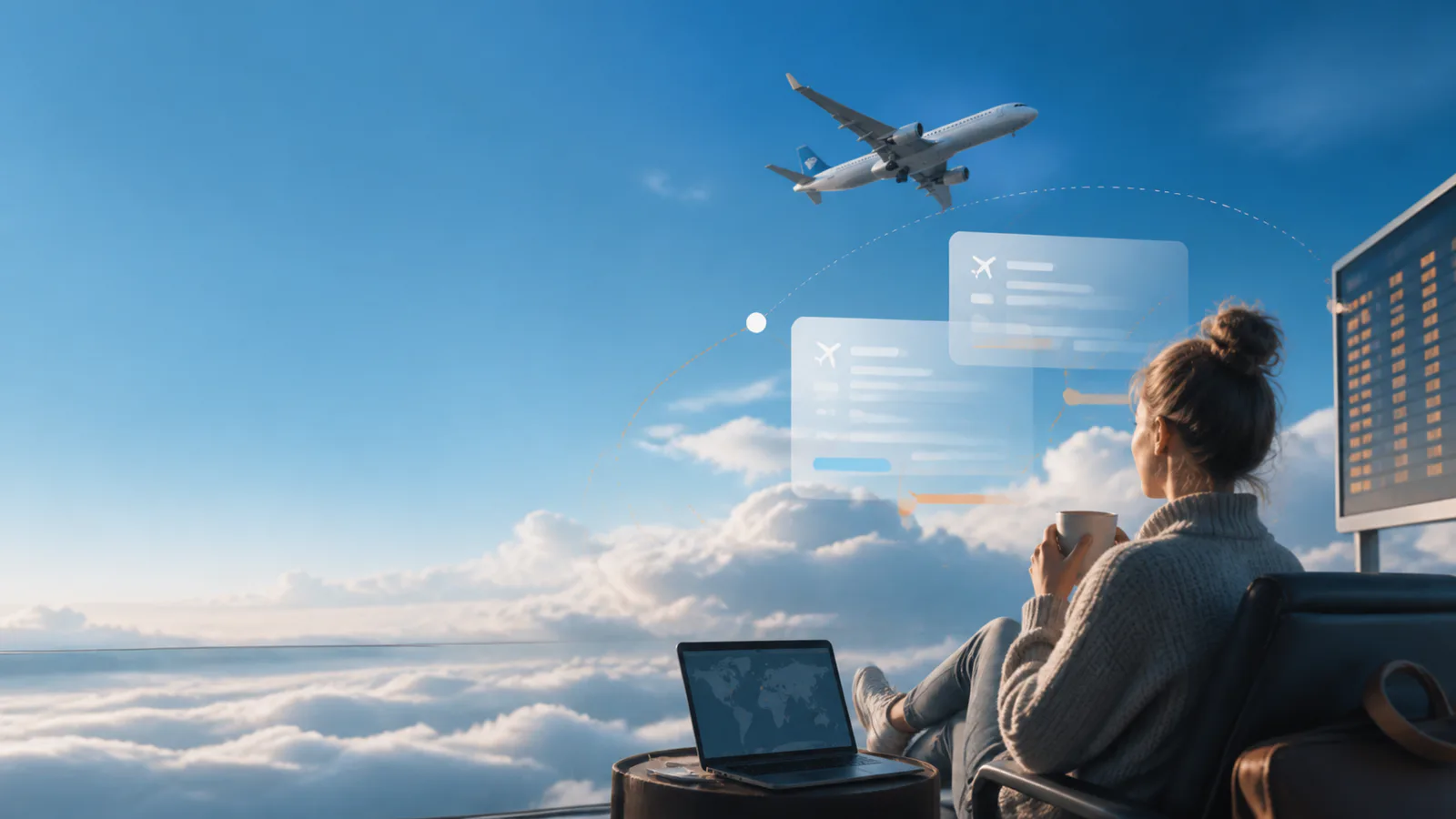 Traveller comparing flight options above the clouds